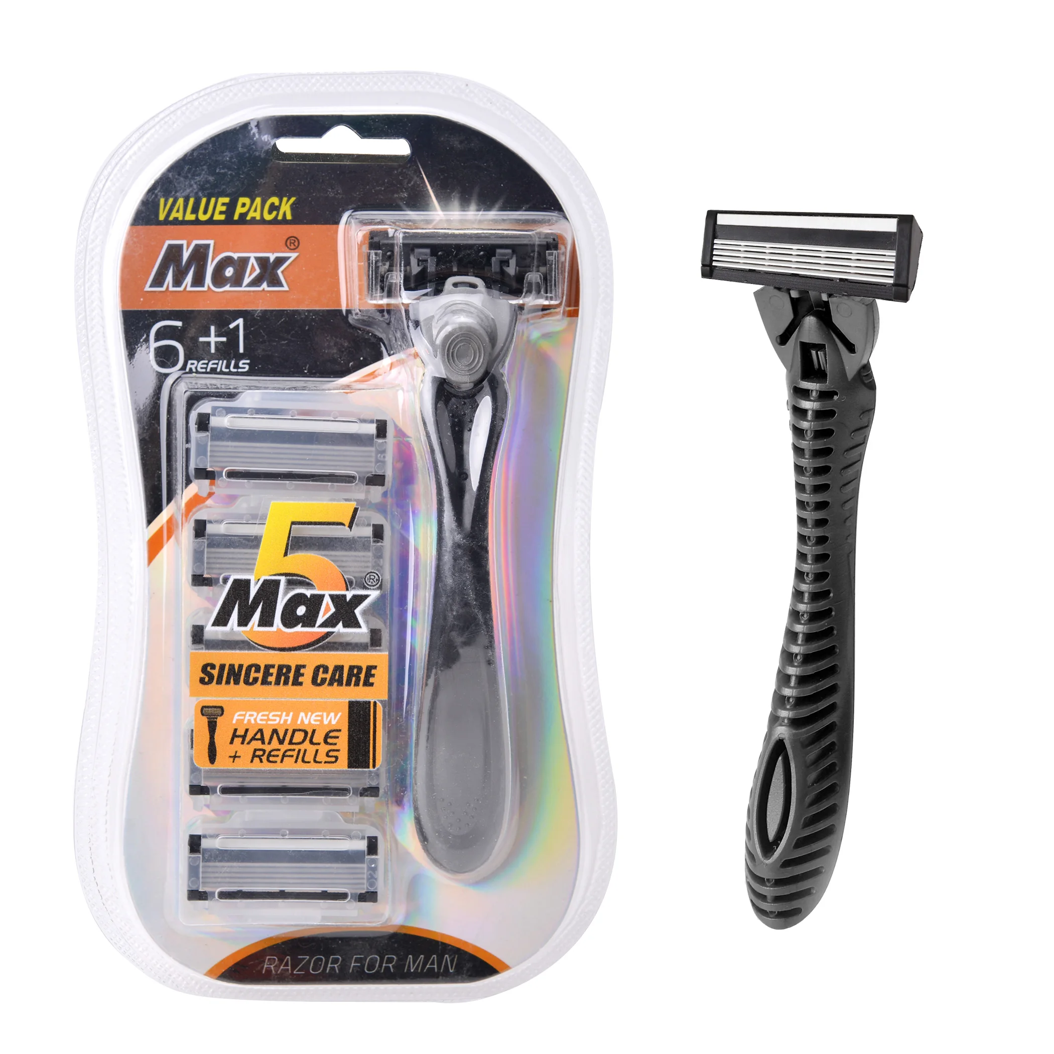 1 handle 6 heads five blade razor and stainless steel blade pack together in the blister package
1 handle 6 heads five blade razor and stainless steel blade pack together in the blister package