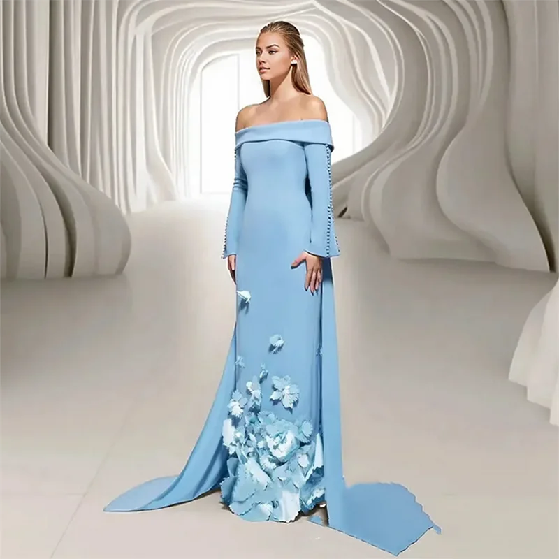 Sky Blue Mermaid Evening Dress Boat Neck Long Sleeve Slit Buttons Handmade Flowers Party Gown with Train Saudi Prom Dresses
Sky Blue Mermaid Evening Dress Boat Neck Long Sleeve Slit Buttons Handmade Flowers Party Gown with Train Saudi Prom Dresses