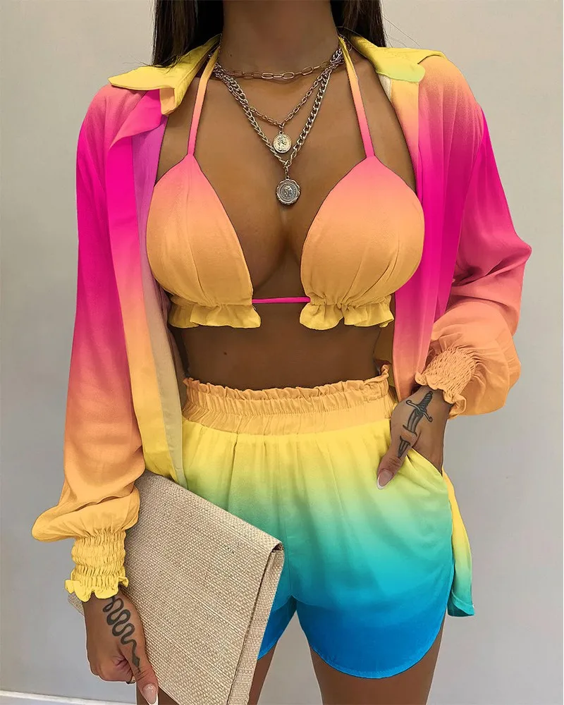 Three Piece Set Women's Long Sleeve Printed Beachwear Sexy Cardigan Holiday Shorts Fashion Slings Outfit Lady Suit
Three Piece Set Women's Long Sleeve Printed Beachwear Sexy Cardigan Holiday Shorts Fashion Slings Outfit Lady Suit