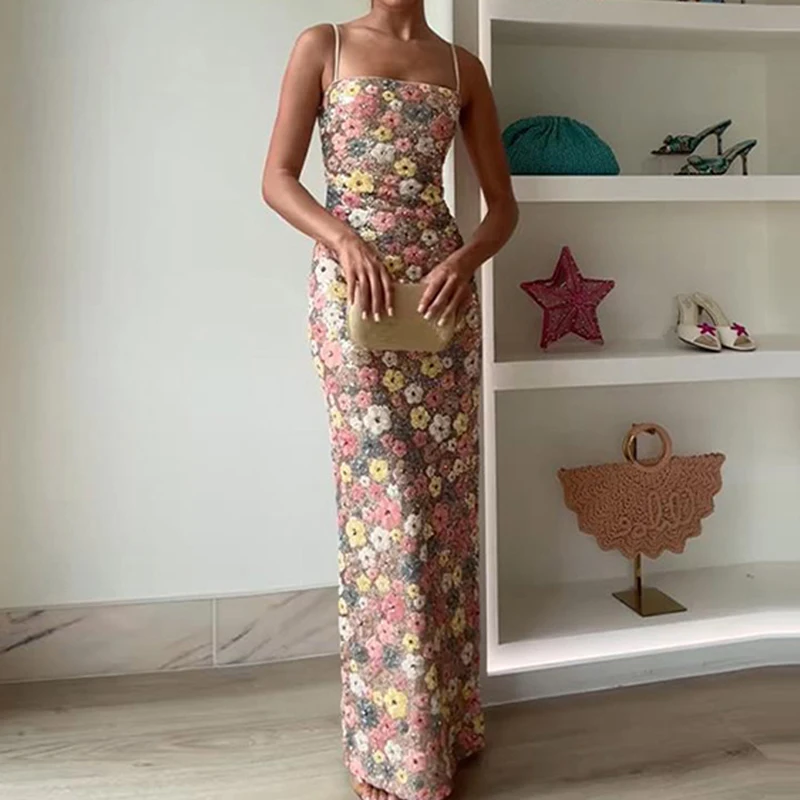 Elegant Lady Sleeveless Long Sling Dress Summer New Sequins Floral Printed Party Dress Sexy Spaghetti Strap Slim Wrap Hips Dress
Elegant Lady Sleeveless Long Sling Dress Summer New Sequins Floral Printed Party Dress Sexy Spaghetti Strap Slim Wrap Hips Dress