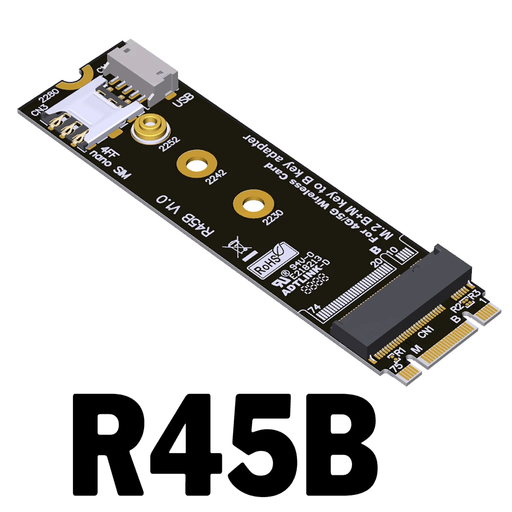 Адаптер R45B M.2 B и M-key 2280 на B-key для беспроводной модемной карты 3G/4G/5G с поддержкой модуля NanoSIM M2 B Key 3042 3052 LTE
Адаптер R45B M.2 B и M-key 2280 на B-key для беспроводной модемной карты 3G/4G/5G с поддержкой модуля NanoSIM M2 B Key 3042 3052 LTE