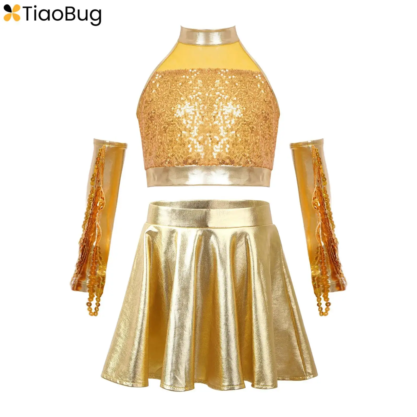 Kids Girls Latin Jazz Dance Competition Costume Sleeveless Halter Glittery Sequin Tank Crop Top+Shorts+1 Pair Tassels Gloves
Kids Girls Latin Jazz Dance Competition Costume Sleeveless Halter Glittery Sequin Tank Crop Top+Shorts+1 Pair Tassels Gloves