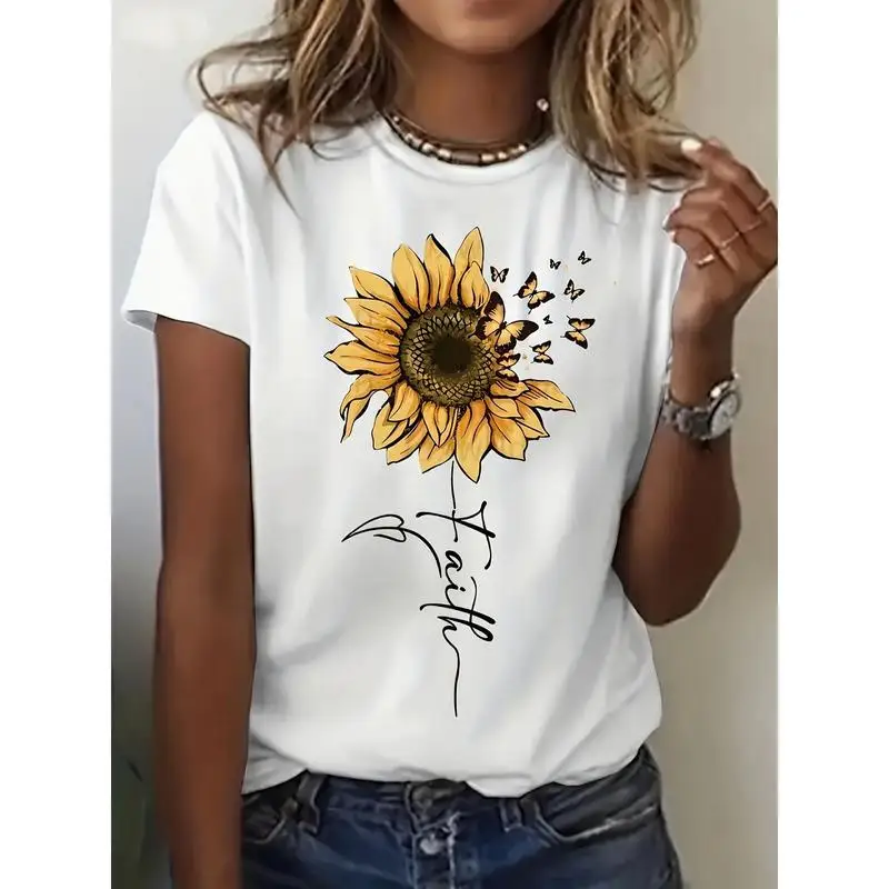 Women's Sunflower and Butterfly Graphic T-Shirt - Casual Gray Short Sleeve Top, Perfect for Spring & Summer Fashion, Sunflower
Women's Sunflower and Butterfly Graphic T-Shirt - Casual Gray Short Sleeve Top, Perfect for Spring & Summer Fashion, Sunflower