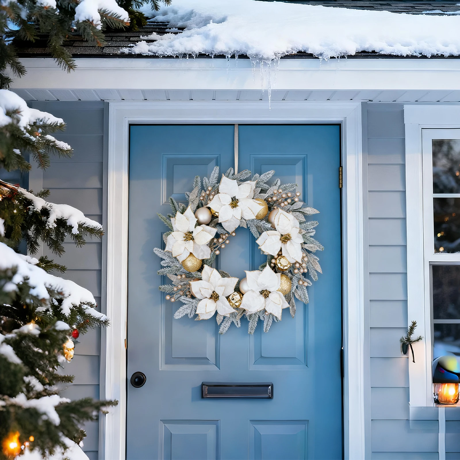 24 Inch Artificial Christmas Wreath Features Mixed White Poinsettias, All-Weather Materials for Indoor/Outdoor Use on Doors, Wa
24 Inch Artificial Christmas Wreath Features Mixed White Poinsettias, All-Weather Materials for Indoor/Outdoor Use on Doors, Wa
