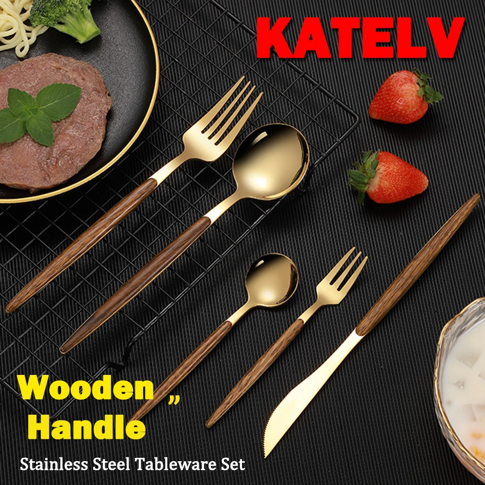 Wooden Handle Gold Tableware Set Stainless Steel Dinnerware Wedding Banquet Silverware Set Knife Spoon Fork Kitchen Accessories 
Wooden Handle Gold Tableware Set Stainless Steel Dinnerware Wedding Banquet Silverware Set Knife Spoon Fork Kitchen Accessories