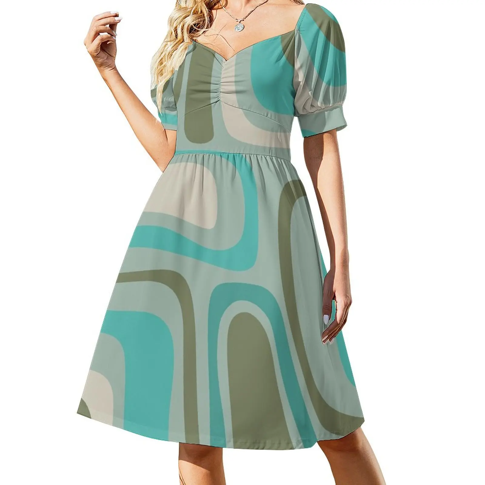 Palm Springs Retro Mid Century Modern Abstract Pattern Vintage Turquoise, Olive, Celadon, and Ecru Short Sleeved Dress
Palm Springs Retro Mid Century Modern Abstract Pattern Vintage Turquoise, Olive, Celadon, and Ecru Short Sleeved Dress