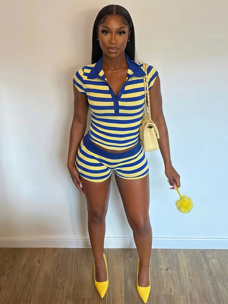Leosoxs Stripe Print 2 Piece Set Woman Button Lapel Short Sleeve T-Shirts+Elastic Waist Shorts High Street Fashion Outfits
Leosoxs Stripe Print 2 Piece Set Woman Button Lapel Short Sleeve T-Shirts+Elastic Waist Shorts High Street Fashion Outfits