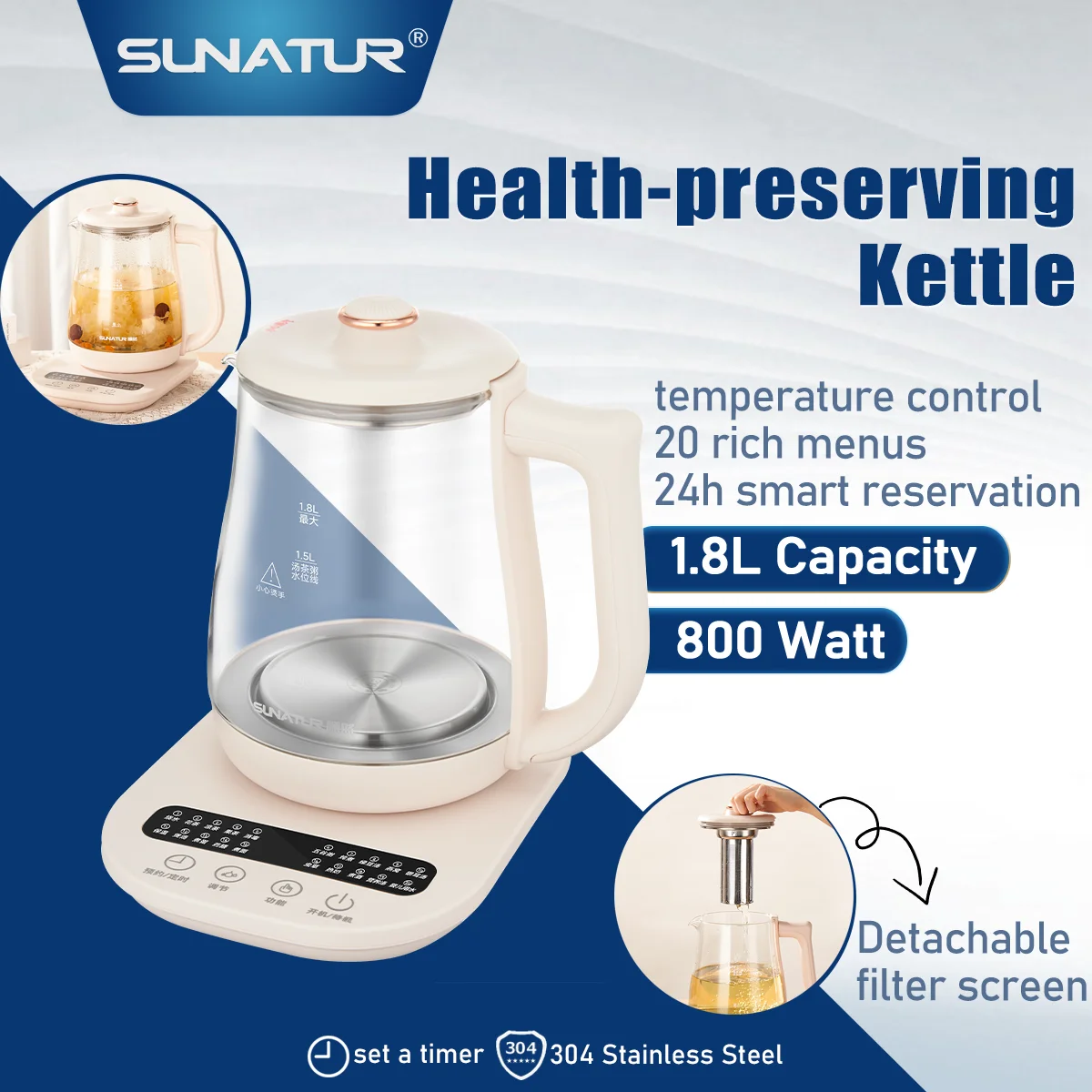 SUNATUR 1.8L Electric Glass Health Preserving Kettle,Stainless Steel,800W Fast Boil,24h Insulation
SUNATUR 1.8L Electric Glass Health Preserving Kettle,Stainless Steel,800W Fast Boil,24h Insulation