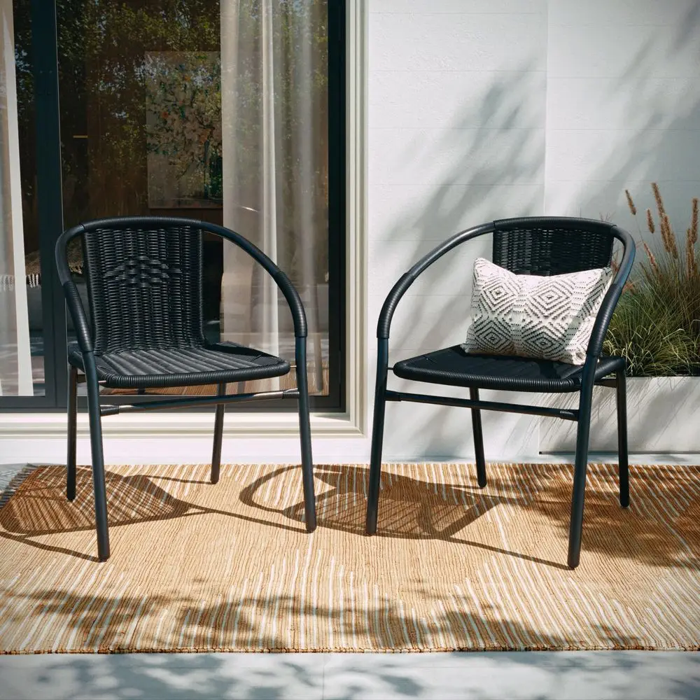Set of 2 Modern Rattan Indoor Outdoor Stack Chairs, Stacking Rattan Patio Chairs with Curved Back and Cross Bracing, Black
Set of 2 Modern Rattan Indoor Outdoor Stack Chairs, Stacking Rattan Patio Chairs with Curved Back and Cross Bracing, Black