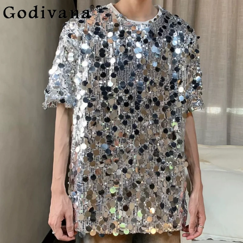 New Summer Chic Silvery Sequin Short Sleeve Men's Street Fashion T-shirt Loose Versatile Personality Handsome Crew Neck Tops
New Summer Chic Silvery Sequin Short Sleeve Men's Street Fashion T-shirt Loose Versatile Personality Handsome Crew Neck Tops