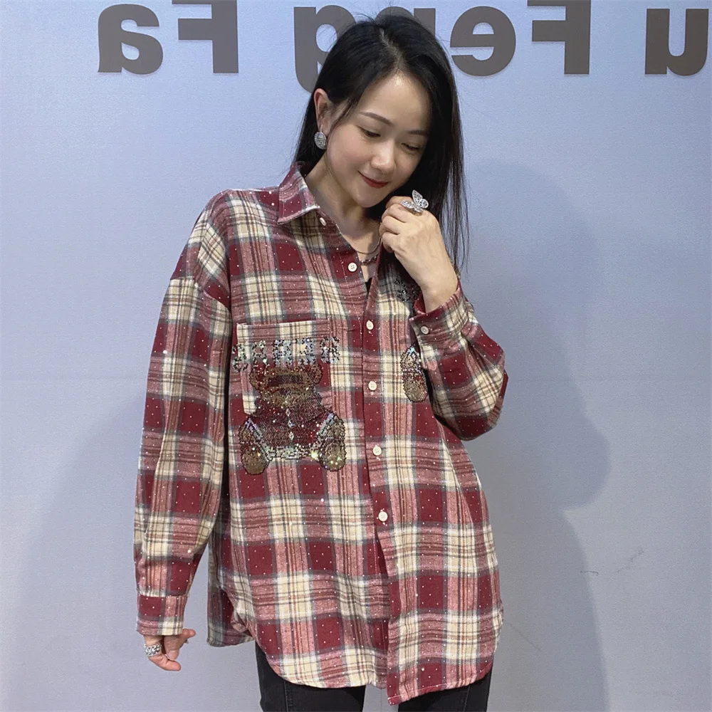 Casual Plaid Shirts Women Tops Full Sleeve Cartoon Bear Diamonds Bright Loose Single Breasted Blouse Female Camisas De Mujer
Casual Plaid Shirts Women Tops Full Sleeve Cartoon Bear Diamonds Bright Loose Single Breasted Blouse Female Camisas De Mujer