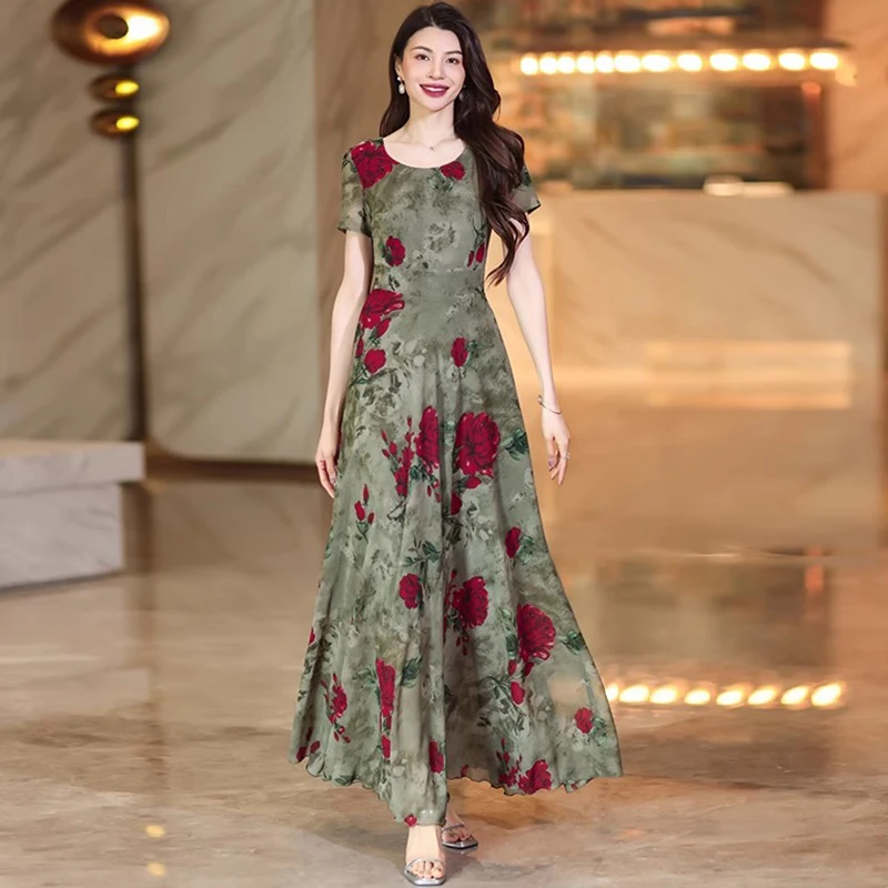 New Women Summer Gray green Rose Floral Dress Fashion O-Neck Short Sleeve Slim Waist Print Dress Vintage High Waist Long Dress
New Women Summer Gray green Rose Floral Dress Fashion O-Neck Short Sleeve Slim Waist Print Dress Vintage High Waist Long Dress