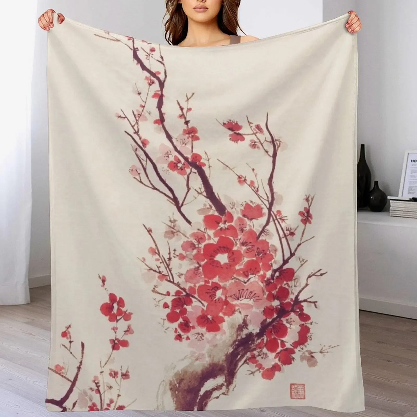 Beautiful bright sakura blossom branch with red flowers Japanese Zen sumi-e painting art print Throw Blanket
Beautiful bright sakura blossom branch with red flowers Japanese Zen sumi-e painting art print Throw Blanket