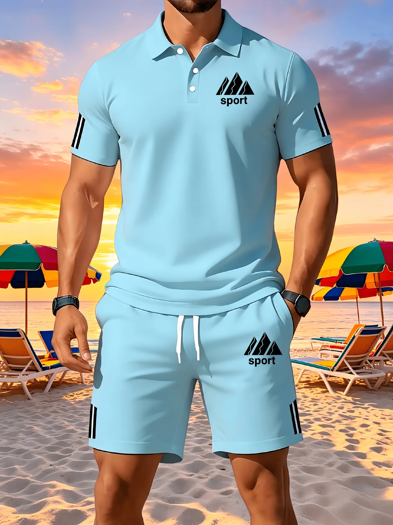 Solid Color Light Blue Striped Sleeve Men's Two-piece Suit with Floral Collar Polo Top and Drawstring Casual Shorts
Solid Color Light Blue Striped Sleeve Men's Two-piece Suit with Floral Collar Polo Top and Drawstring Casual Shorts