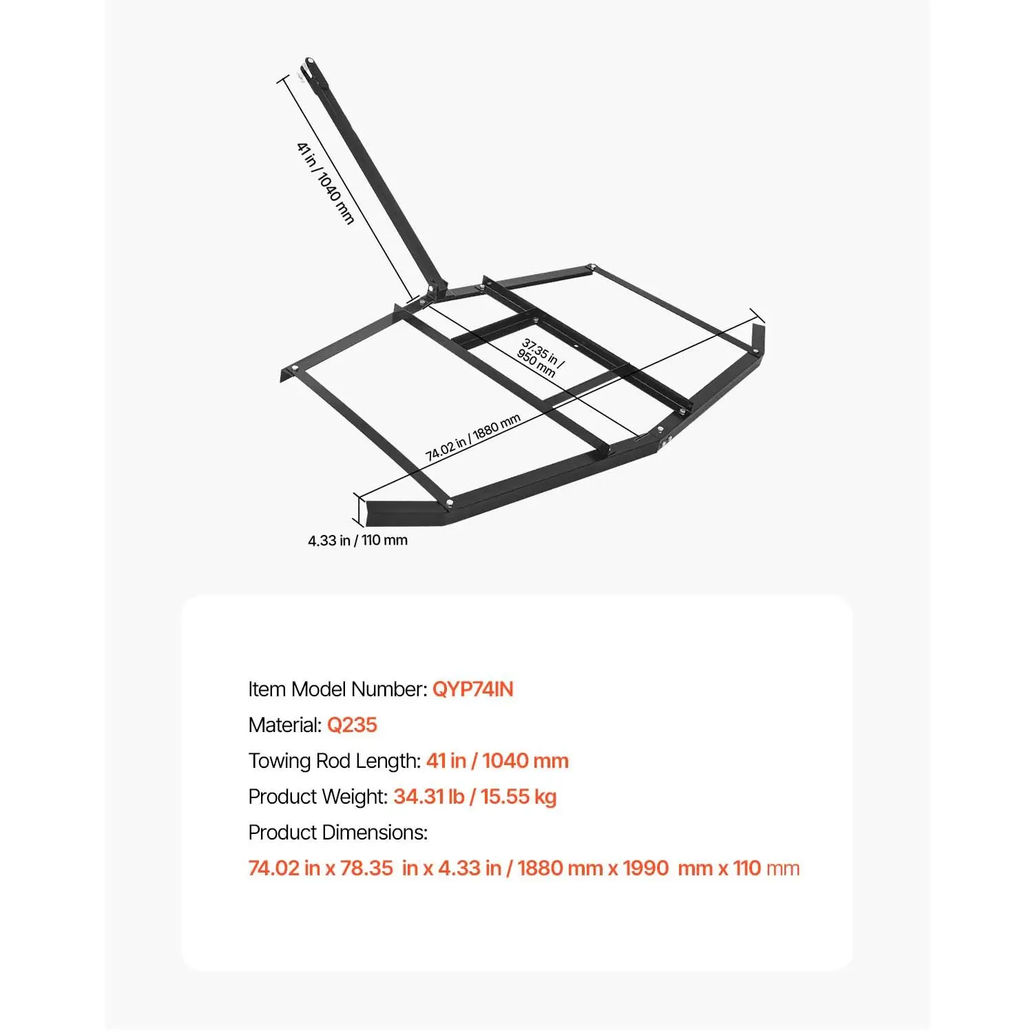 Drag Harrow, 74" Width Tow Behind Drag Harrow, Q235 Steel Driveway Grader with Adjustable Bars & Pin Hitch, Support up to 50 lbs, Tractor Driveway Harrow for ATVs, UTVs, Garden Lawn Tractors
Drag Harrow, 74" Width Tow Behind Drag Harrow, Q235 Steel Driveway Grader with Adjustable Bars & Pin Hitch, Support up to 50 lbs, Tractor Driveway Harrow for ATVs, UTVs, Garden Lawn Tractors