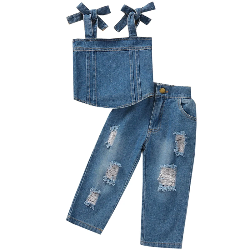 2Piece Baby Set Toddler Girl Summer Clothes Fashion Denim Bow Sleeveless T-shirt+Hole Jeans Childrens Boutique Clothing BC2353
2Piece Baby Set Toddler Girl Summer Clothes Fashion Denim Bow Sleeveless T-shirt+Hole Jeans Childrens Boutique Clothing BC2353