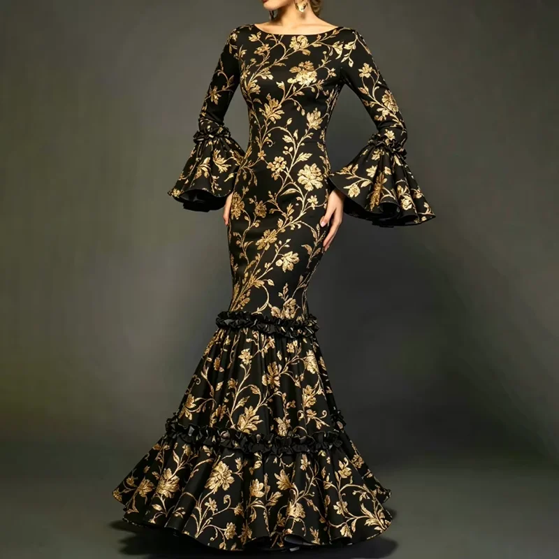 Elegant Party Long Dress Women Printed Ruffle Hem Fishtail Dress Fashion Casual O-neck Flare Sleeve Slim Maxi Dresses Vestido
Elegant Party Long Dress Women Printed Ruffle Hem Fishtail Dress Fashion Casual O-neck Flare Sleeve Slim Maxi Dresses Vestido