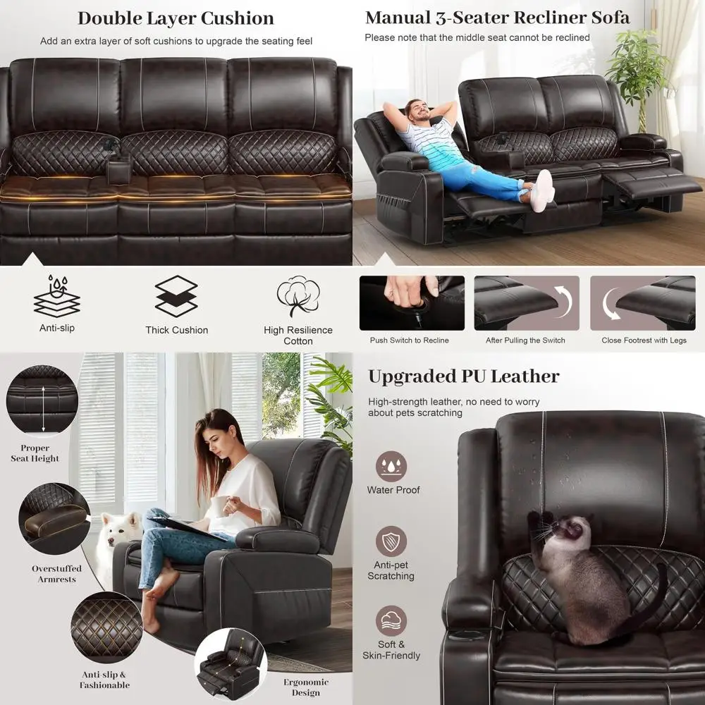 3-Seat Reclining Sofa Set with 2-Tier Cushions, 3+1+1 Living Room Configuration, Leather Reclining Couch with Detachable Cover,
3-Seat Reclining Sofa Set with 2-Tier Cushions, 3+1+1 Living Room Configuration, Leather Reclining Couch with Detachable Cover,