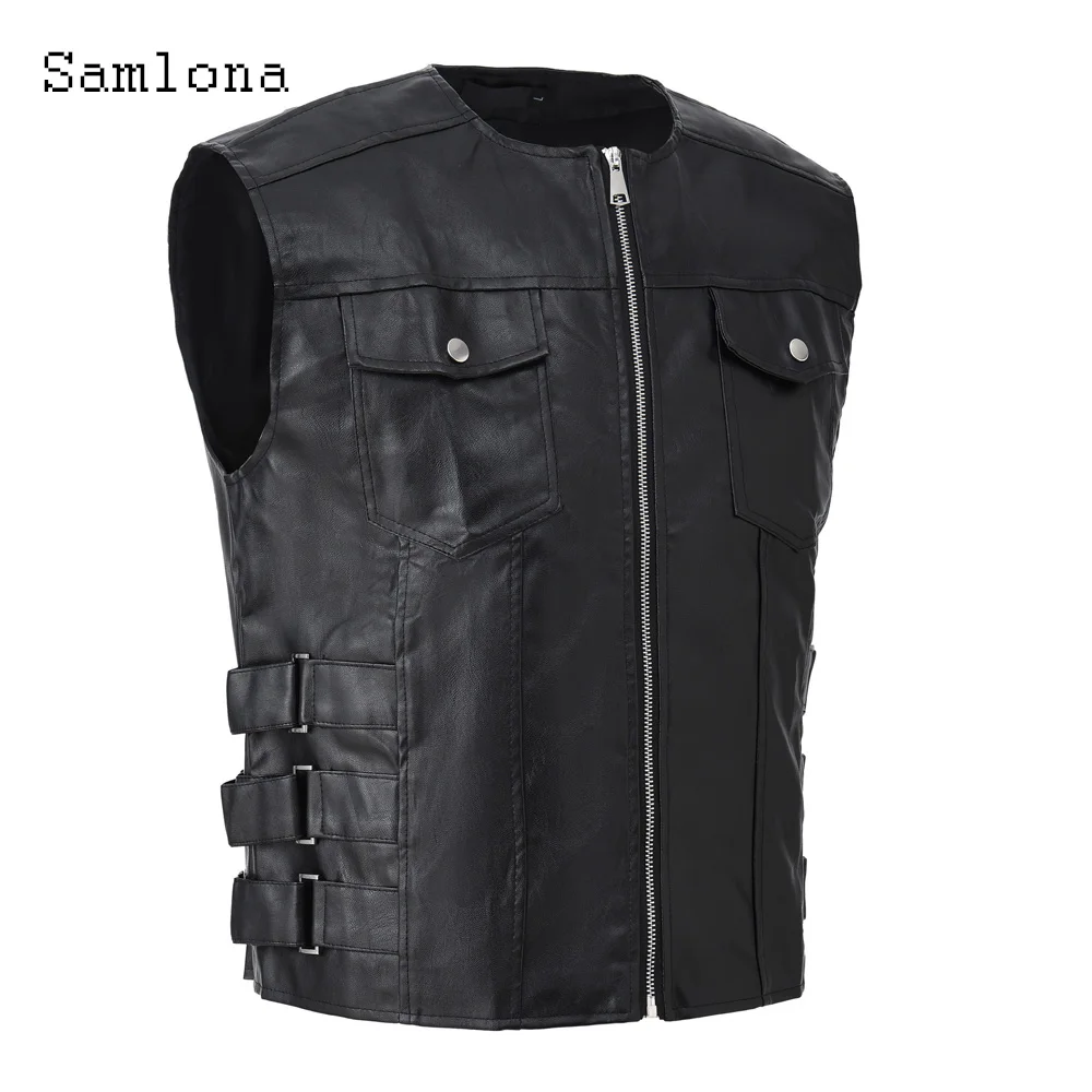 Samlona 2025 мужской винтажный жилет из искусственной кожи, пальто, мужская базовая верхняя одежда без рукавов из искусственной кожи, топы на бретелях без воротника с карманами, новинка
Samlona 2025 мужской винтажный жилет из искусственной кожи, пальто, мужская базовая верхняя одежда без рукавов из искусственной кожи, топы на бретелях без воротника с карманами, новинка
