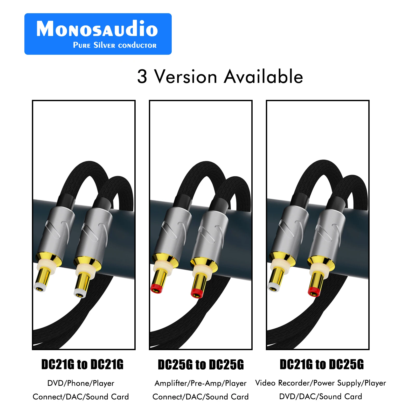 Monosaudio Pure Solid Silver DC Cable GX16 2Cores to DC Plug 5.5mm*2.1mm/2.5mm Linear gx16 to gx12 Power Output DC line
Monosaudio Pure Solid Silver DC Cable GX16 2Cores to DC Plug 5.5mm*2.1mm/2.5mm Linear gx16 to gx12 Power Output DC line