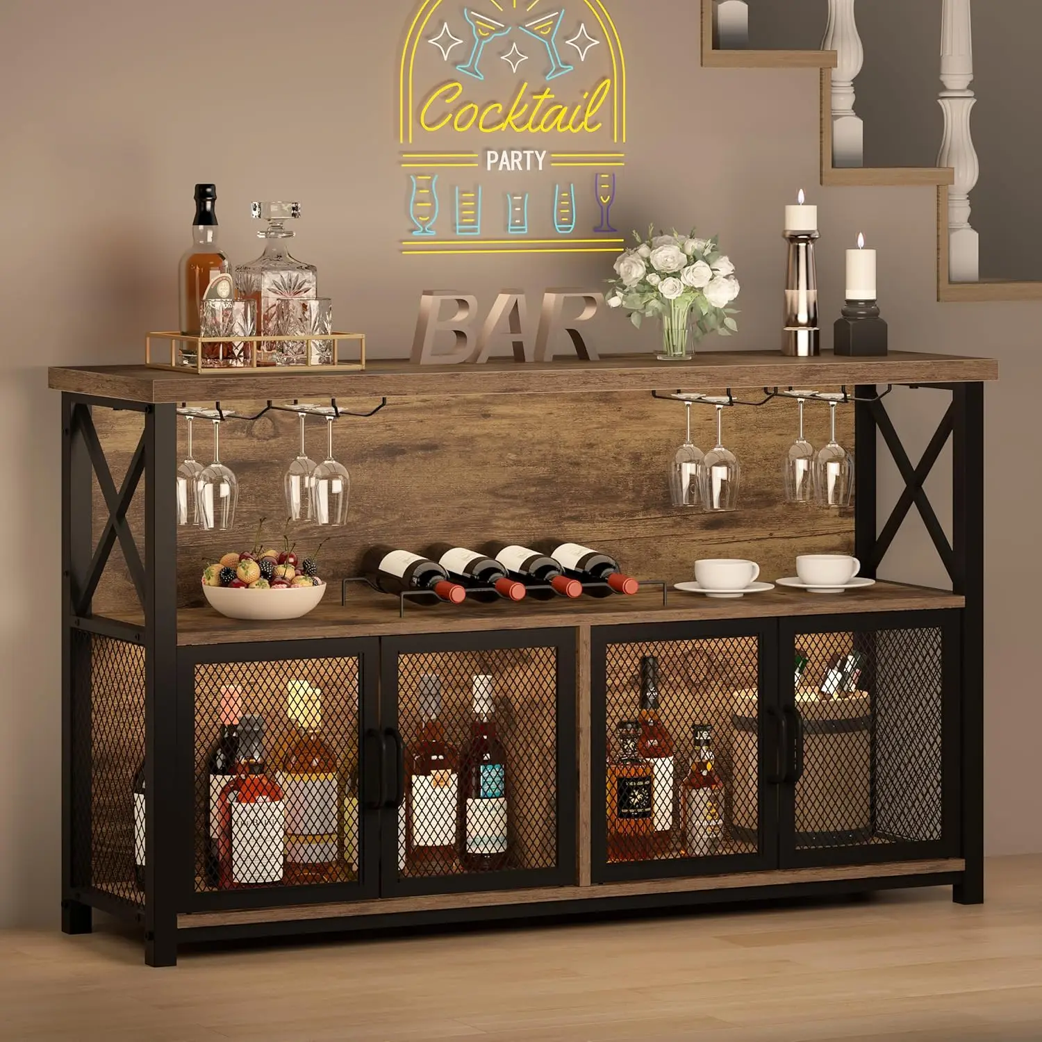 Industrial Coffee Bar Cabinet, Farmhouse Wine Bar Cabinet for Liquor and Glasses, Metal Wood Sideboard Buffet Liquor Cabinet and
Industrial Coffee Bar Cabinet, Farmhouse Wine Bar Cabinet for Liquor and Glasses, Metal Wood Sideboard Buffet Liquor Cabinet and