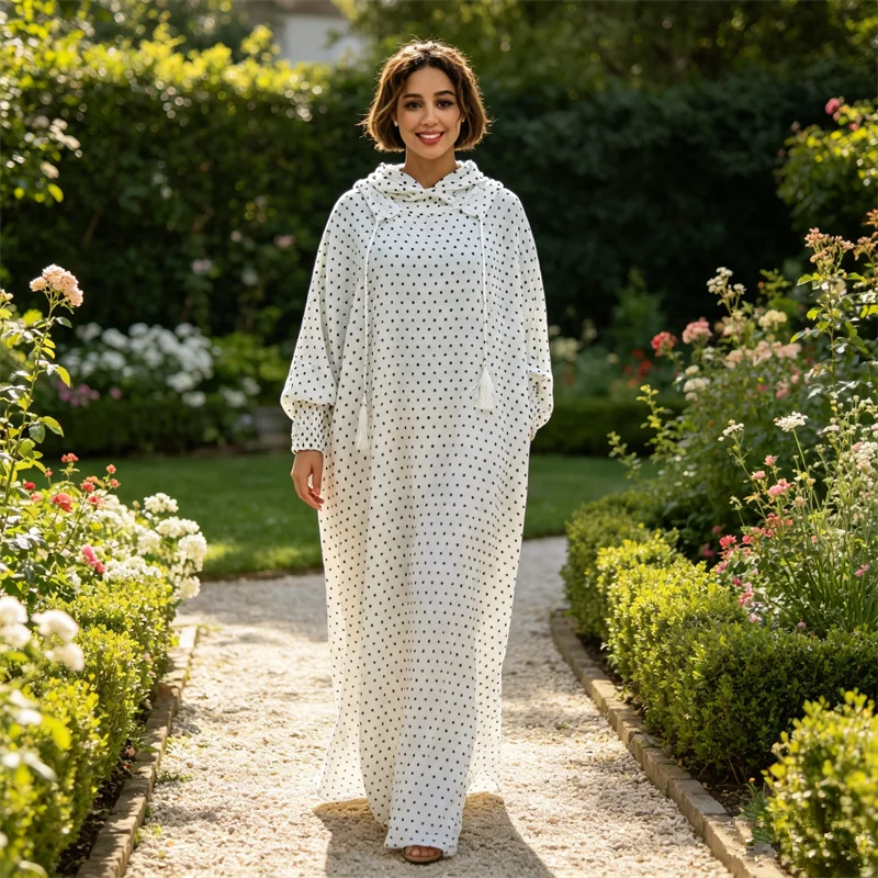 New Hooded Abaya Muslim Women Maxi Dress Polka Dot Kaftan Dubai Abayas Djellaba Islam Clothing Kebaya Caftan Marocain Femme Robe
New Hooded Abaya Muslim Women Maxi Dress Polka Dot Kaftan Dubai Abayas Djellaba Islam Clothing Kebaya Caftan Marocain Femme Robe