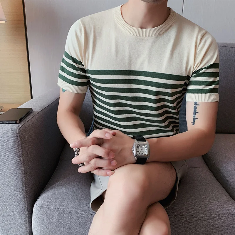 2023 Men's Summer Striped Knit T-shirt High Quality Ice Silk Leisure Round Collar Short Sleeve Man Tees Clothing 4XL
2023 Men's Summer Striped Knit T-shirt High Quality Ice Silk Leisure Round Collar Short Sleeve Man Tees Clothing 4XL