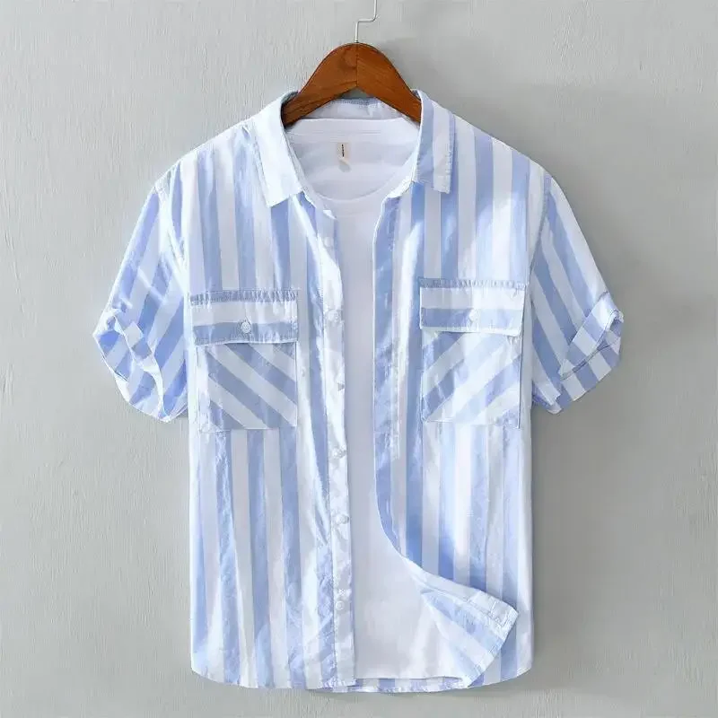 Short Sleeve Man Shirt with Pocket Striped Shirts for Men Blue Original Korean Style Button Up Designer High Quality Luxury Tops
Short Sleeve Man Shirt with Pocket Striped Shirts for Men Blue Original Korean Style Button Up Designer High Quality Luxury Tops