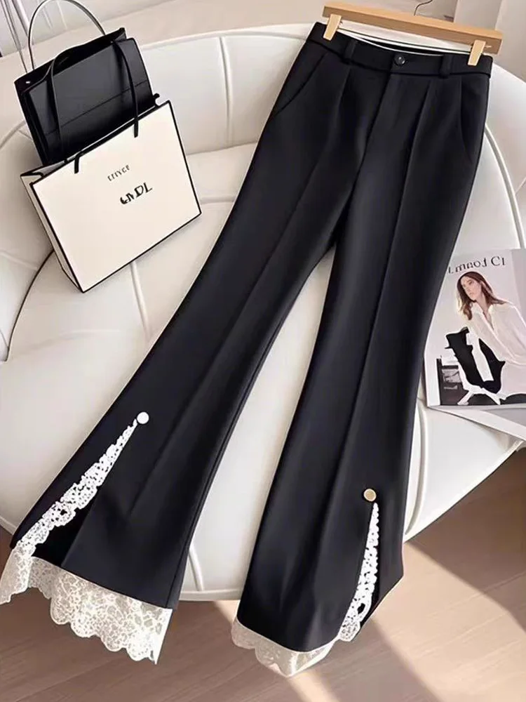2025 Autumn Popular Fashion Trousers Women Temperament Slim Fit Lace Splicing Design High-end Black Micro Flared Pants
2025 Autumn Popular Fashion Trousers Women Temperament Slim Fit Lace Splicing Design High-end Black Micro Flared Pants
