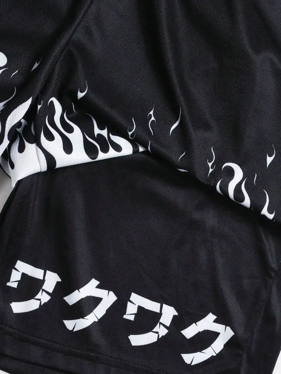 Mens Black Flame Pattern Drawstring Basketball Shorts With Japanese Text Print, Casual Summer Wear For Daily And School Use
Mens Black Flame Pattern Drawstring Basketball Shorts With Japanese Text Print, Casual Summer Wear For Daily And School Use