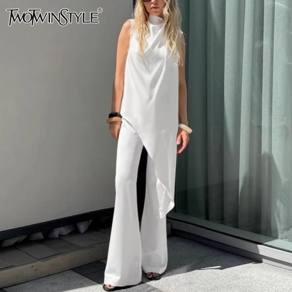 TWOTWINSTYLE White Spliced Folds Two Piece Set Female Turtleneck Sleeveless Top Minimalist Irregular Women's Pants Sets Fashion
TWOTWINSTYLE White Spliced Folds Two Piece Set Female Turtleneck Sleeveless Top Minimalist Irregular Women's Pants Sets Fashion