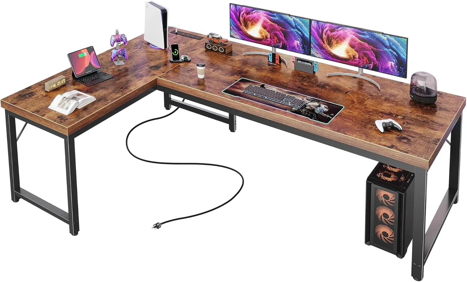63 Inch L Shaped Desk with Power Outlets, USB-C, Thick Desktop, Reversible, Metal Frame, Rustic Brown
63 Inch L Shaped Desk with Power Outlets, USB-C, Thick Desktop, Reversible, Metal Frame, Rustic Brown