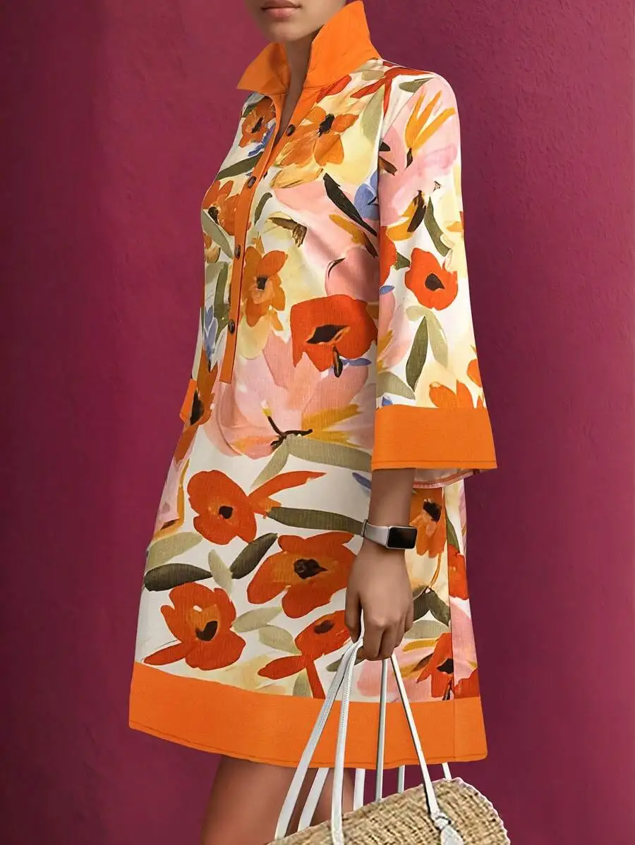 Women's Floral Print 3/4 Sleeve Button Front Loose Midi Dress with Orange Trim
Women's Floral Print 3/4 Sleeve Button Front Loose Midi Dress with Orange Trim