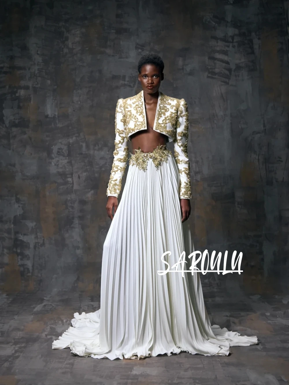 Chic Two Pieces Evening Gown With Gold Embroidered Cropped Jacket & Pleated Train Skirt Customized Delicate A Line Prom Dress
Chic Two Pieces Evening Gown With Gold Embroidered Cropped Jacket & Pleated Train Skirt Customized Delicate A Line Prom Dress