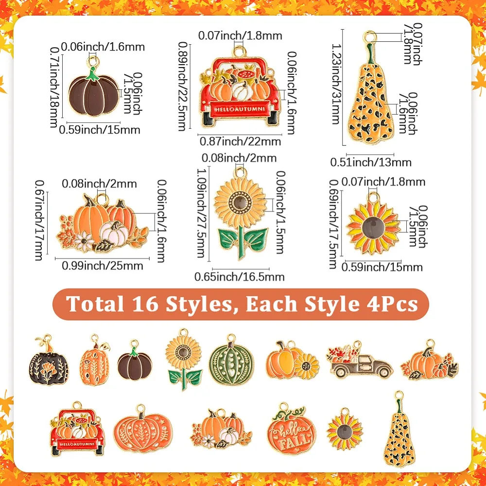 56Pcs 14 Styles Thanksgiving Day Alloy Pendants with Enamel Golden Pumpkin Squirrel Sunflower Charm Mixed Color
56Pcs 14 Styles Thanksgiving Day Alloy Pendants with Enamel Golden Pumpkin Squirrel Sunflower Charm Mixed Color