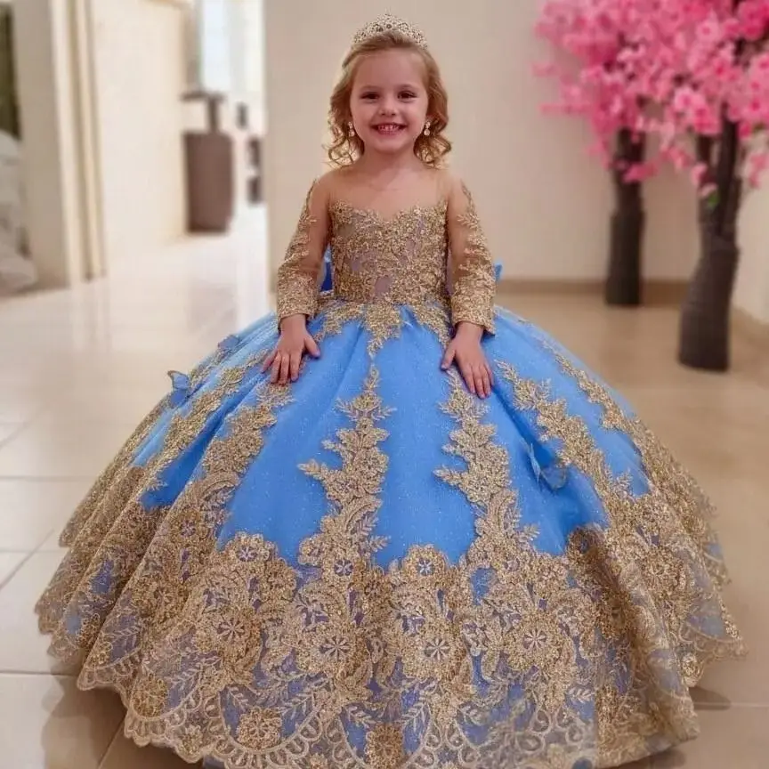 Luxury Blue Flower Girl Dress For Wedding Gold Appliques Floor Length With Bow Classic Birthday Party Bridesmaid Gown Customized
Luxury Blue Flower Girl Dress For Wedding Gold Appliques Floor Length With Bow Classic Birthday Party Bridesmaid Gown Customized