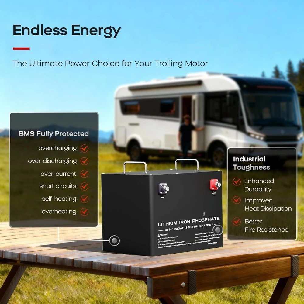 SOK 12V 280Ah LiFePO4 Battery, Built-in Heater & Bluetooth, Metal Case & Smart BMS, 8000-12000 Cycles, Replaceable, Customized
SOK 12V 280Ah LiFePO4 Battery, Built-in Heater & Bluetooth, Metal Case & Smart BMS, 8000-12000 Cycles, Replaceable, Customized
