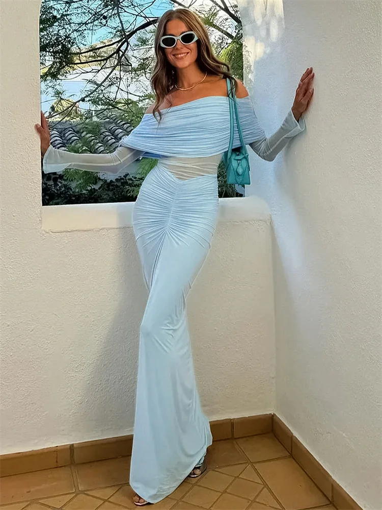 Pleated Mesh Off-Shoulder Maxi Dress Female See-Through Patchwork High Waist Fashion Gown Dress Women's Solid Long Dress
Pleated Mesh Off-Shoulder Maxi Dress Female See-Through Patchwork High Waist Fashion Gown Dress Women's Solid Long Dress