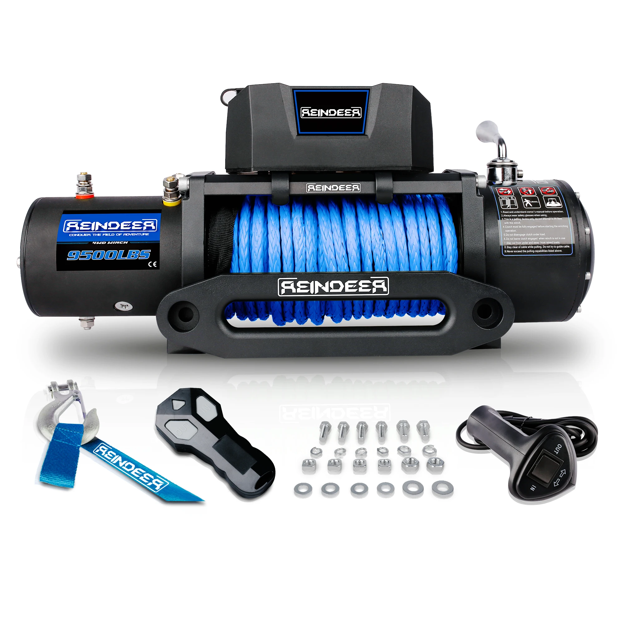 REINDEER New 12V Winch 9500 lb Load Capacity Electric Winch Synthetic Rope with Hawse Fairlead Waterproof IP67 with Wireless Rem
REINDEER New 12V Winch 9500 lb Load Capacity Electric Winch Synthetic Rope with Hawse Fairlead Waterproof IP67 with Wireless Rem