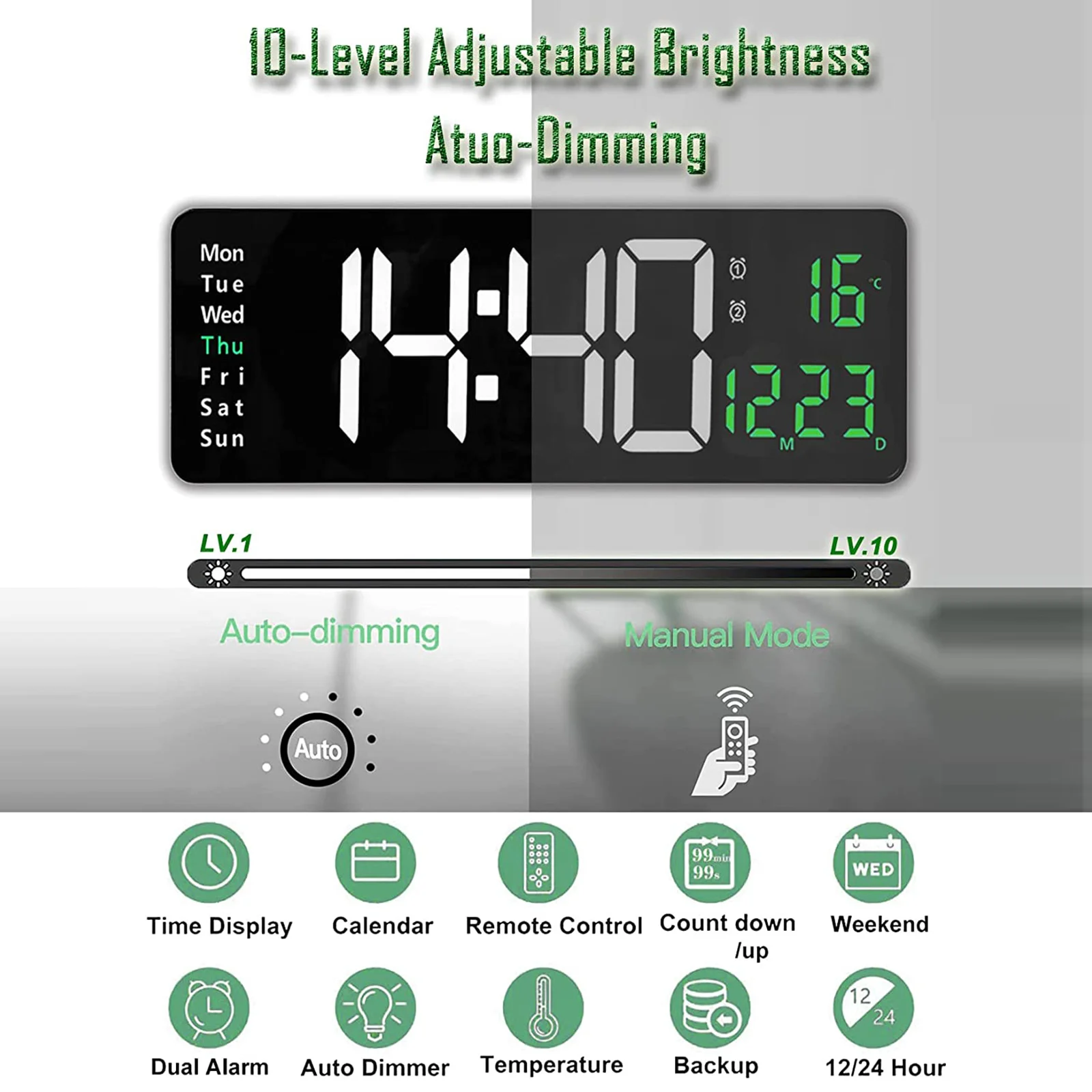13/16inch LED Large Digital Wall Clock With Remote Control Temperature Date Week Display Adjustable Wall-Mounted Alarms Clocks
13/16inch LED Large Digital Wall Clock With Remote Control Temperature Date Week Display Adjustable Wall-Mounted Alarms Clocks