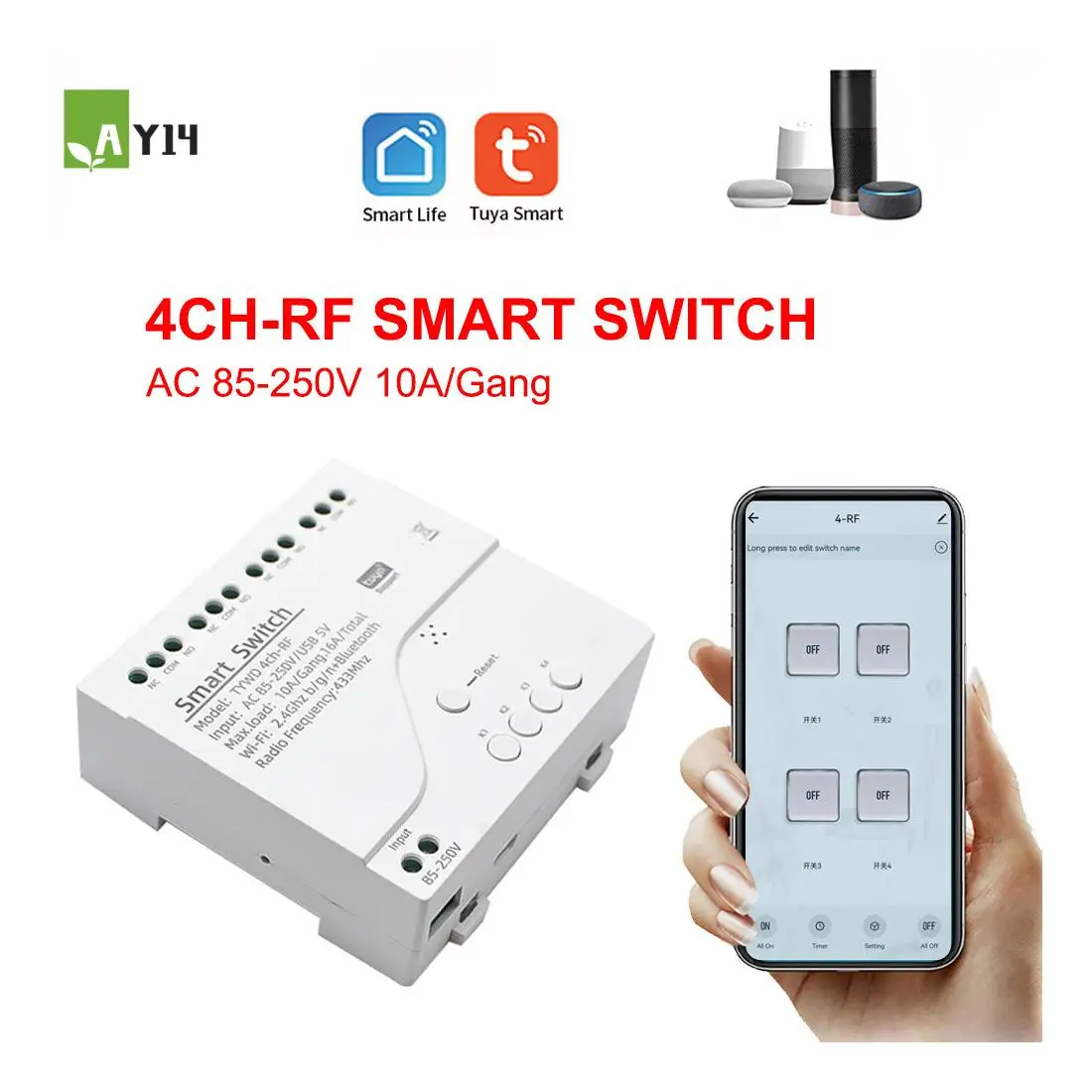 AY14 -Tuya Smart Wifi Motor Switch Module RF 433 Radio Remote Control 4CH Inching Relay For Alexa Google Home, 4CH
AY14 -Tuya Smart Wifi Motor Switch Module RF 433 Radio Remote Control 4CH Inching Relay For Alexa Google Home, 4CH