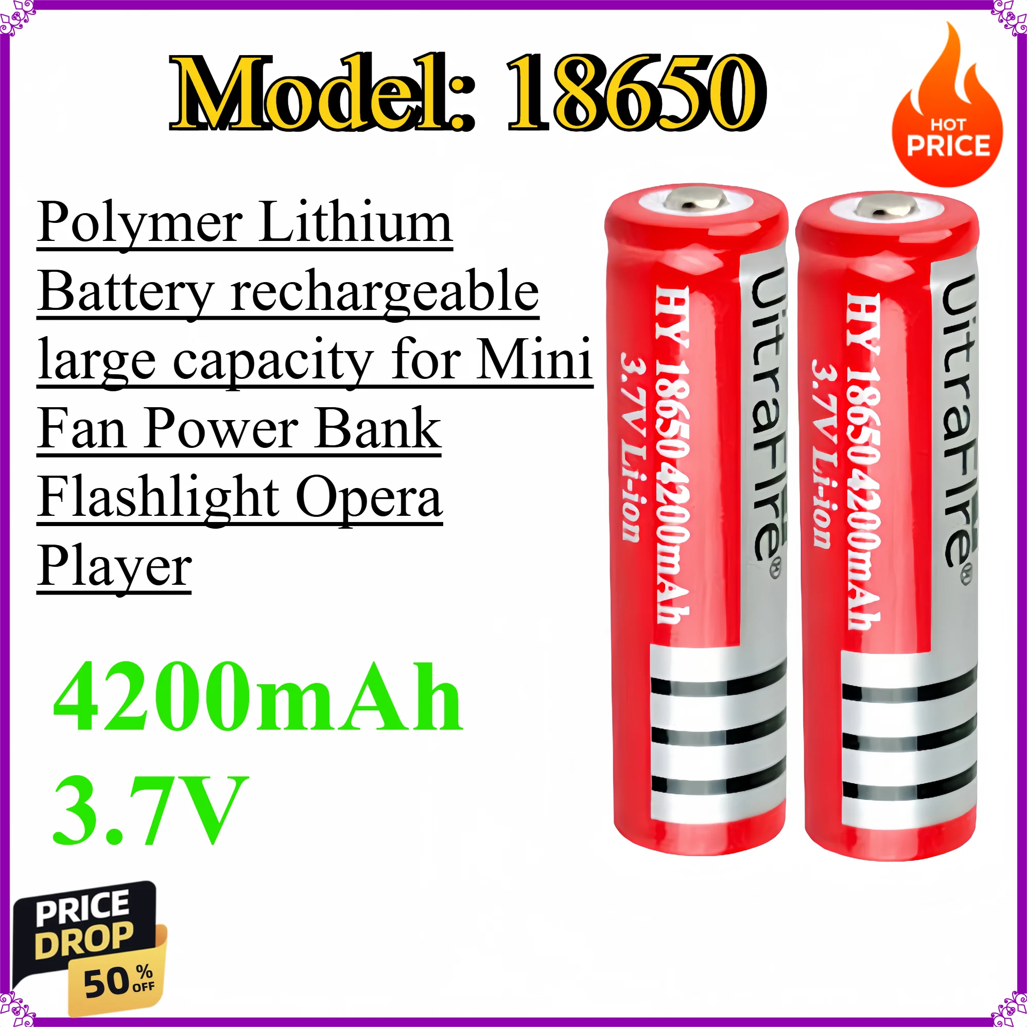 18650 4200mAh Polymer Lithium Battery rechargeable large capacity for Mini Fan Power Bank Flashlight Opera Player
18650 4200mAh Polymer Lithium Battery rechargeable large capacity for Mini Fan Power Bank Flashlight Opera Player