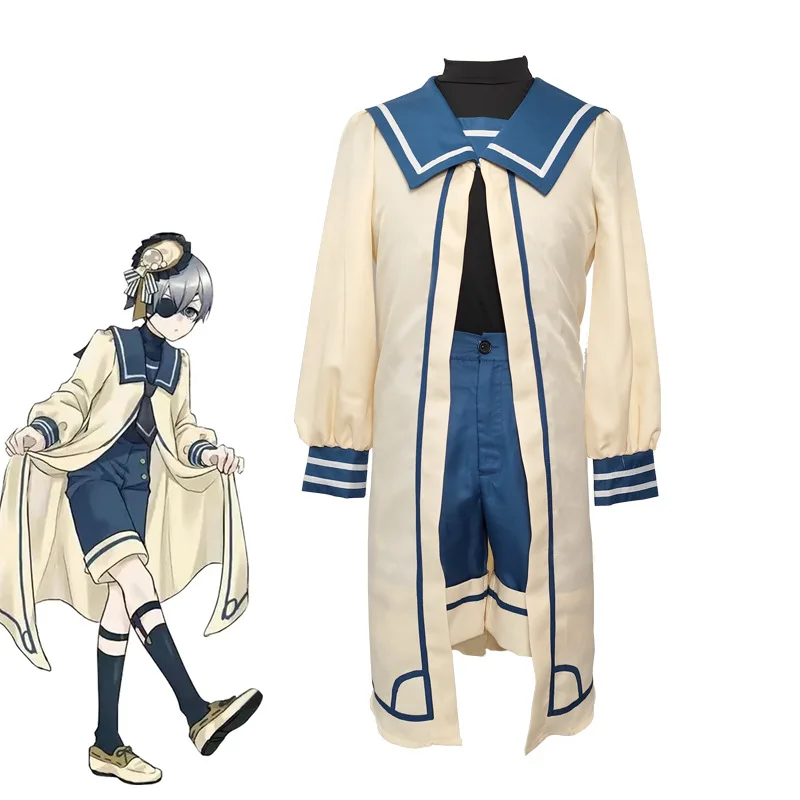 Anime Black Butler Ciel Phantomhive Cosplay Scallops Costume Cream Long Sailor Coat Black Mock Neck Top Blue Shorts Eye Patch
Anime Black Butler Ciel Phantomhive Cosplay Scallops Costume Cream Long Sailor Coat Black Mock Neck Top Blue Shorts Eye Patch