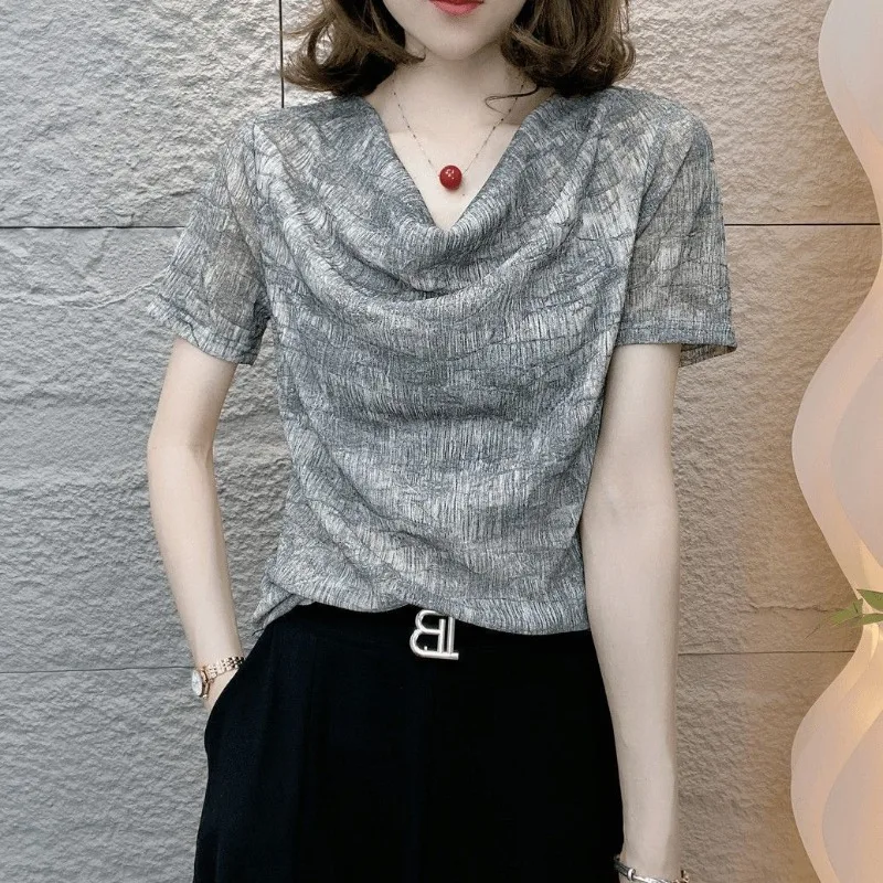 Fashionable Pullover Mesh Temperament Design Stacked Collar Short-sleeved Stretch Breathable Middle-aged Women's Top
Fashionable Pullover Mesh Temperament Design Stacked Collar Short-sleeved Stretch Breathable Middle-aged Women's Top