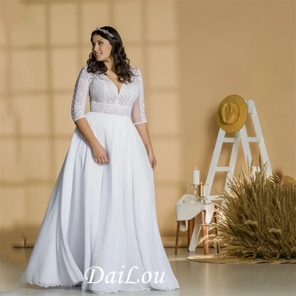 A-Line Plus Size Wedding Dress V-Neck Three Quarter Sleeves Bride Gown Chiffon Floor Lenth Vestidos De Novia Para Grande
A-Line Plus Size Wedding Dress V-Neck Three Quarter Sleeves Bride Gown Chiffon Floor Lenth Vestidos De Novia Para Grande