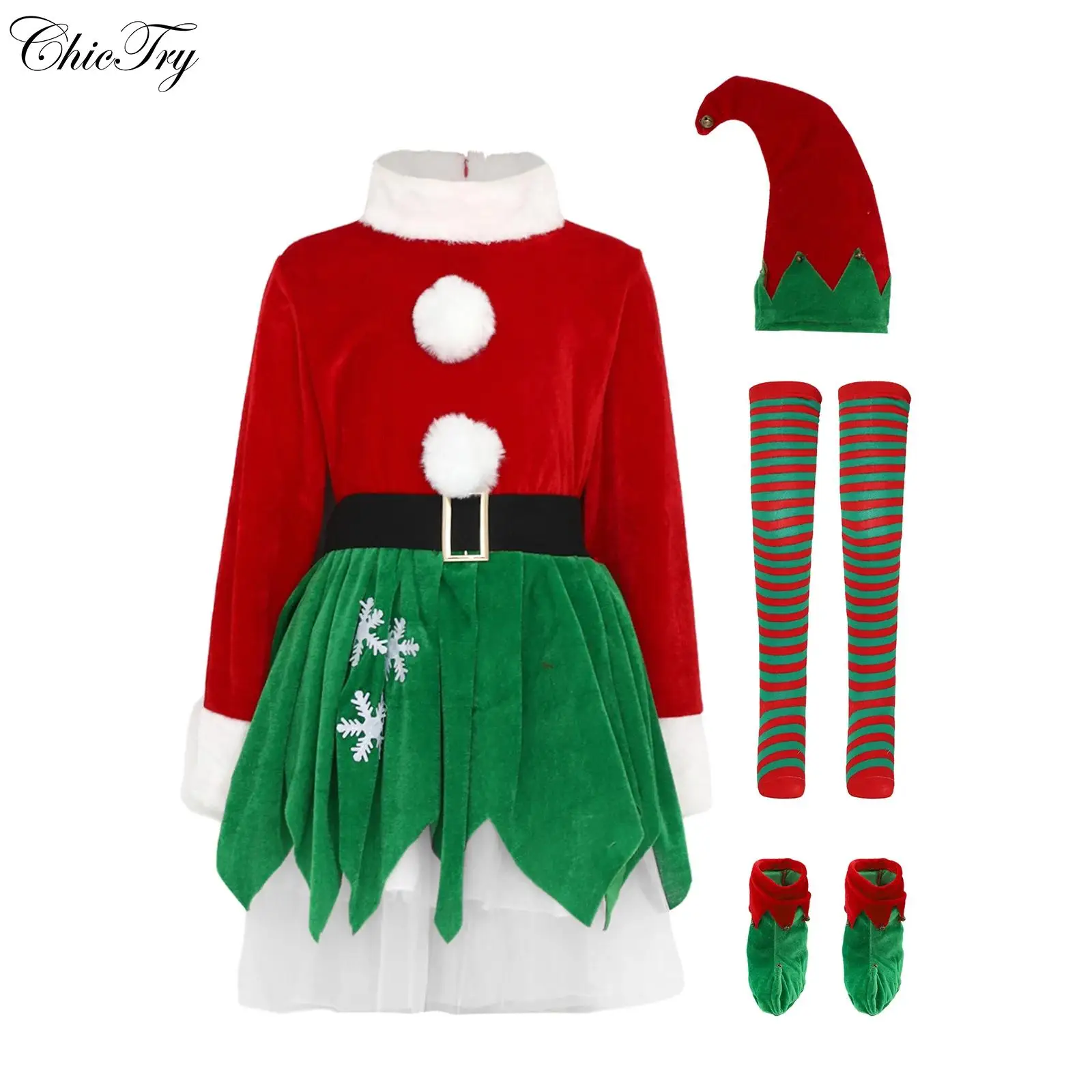 Kids Girls Xmas Christmas Elf Costume New Year Sets Long Sleeve Tutu Dress with Hat Waistbelt Stripe Socking and Shoes Covers
Kids Girls Xmas Christmas Elf Costume New Year Sets Long Sleeve Tutu Dress with Hat Waistbelt Stripe Socking and Shoes Covers