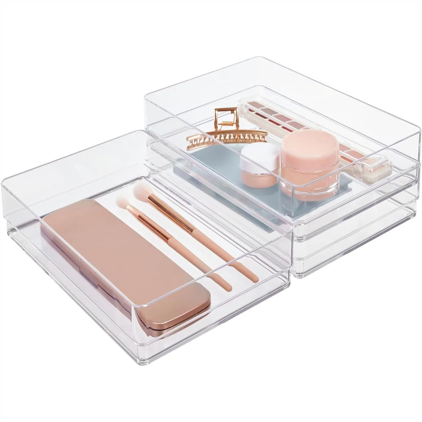 3-Piece Stackable Clear Drawer Organizer Set | 9x6x2 Inch Rectangle Trays for Makeup Vanity and Office Desk
3-Piece Stackable Clear Drawer Organizer Set | 9x6x2 Inch Rectangle Trays for Makeup Vanity and Office Desk