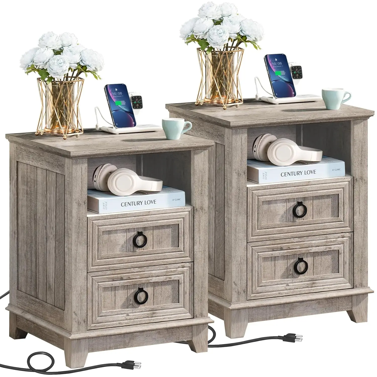 18" Farmhouse Nightstand Set 2 Charging Station 2 Drawers End Table Open Shelf Oak Bedroom Living Room, Customized
18" Farmhouse Nightstand Set 2 Charging Station 2 Drawers End Table Open Shelf Oak Bedroom Living Room, Customized