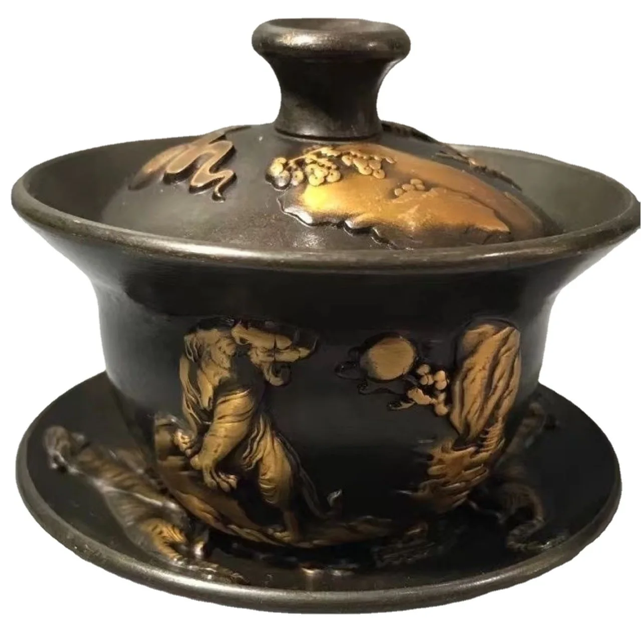 Pure copper gilt relief, tiger tiger Shengwei cover bowl, kung fu tea cup three pieces, a set of Wufu tea cup, home accessories
Pure copper gilt relief, tiger tiger Shengwei cover bowl, kung fu tea cup three pieces, a set of Wufu tea cup, home accessories