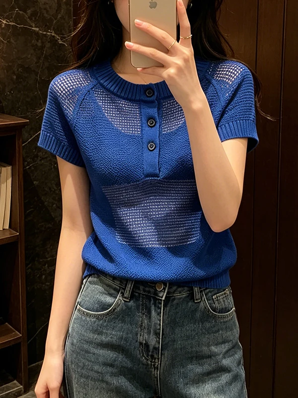 Blue Breathable Slimming Short Sleeve Knitted Top Women's Summer Thin Style Korean Version Comfortable Soft Hollow out Design
Blue Breathable Slimming Short Sleeve Knitted Top Women's Summer Thin Style Korean Version Comfortable Soft Hollow out Design